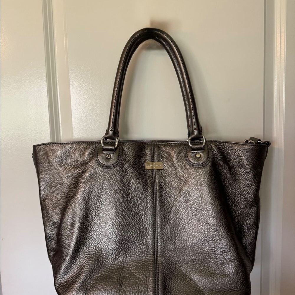Cole Haan Pewter Leather Tote Bag with Royal Blue lining